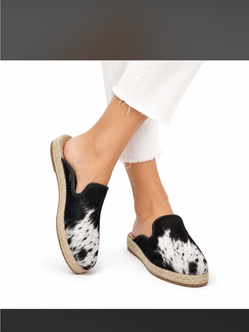 Myra Cowhide Leather
Espadrille Mule Women's 8 Black and White Slipon Boho Chic